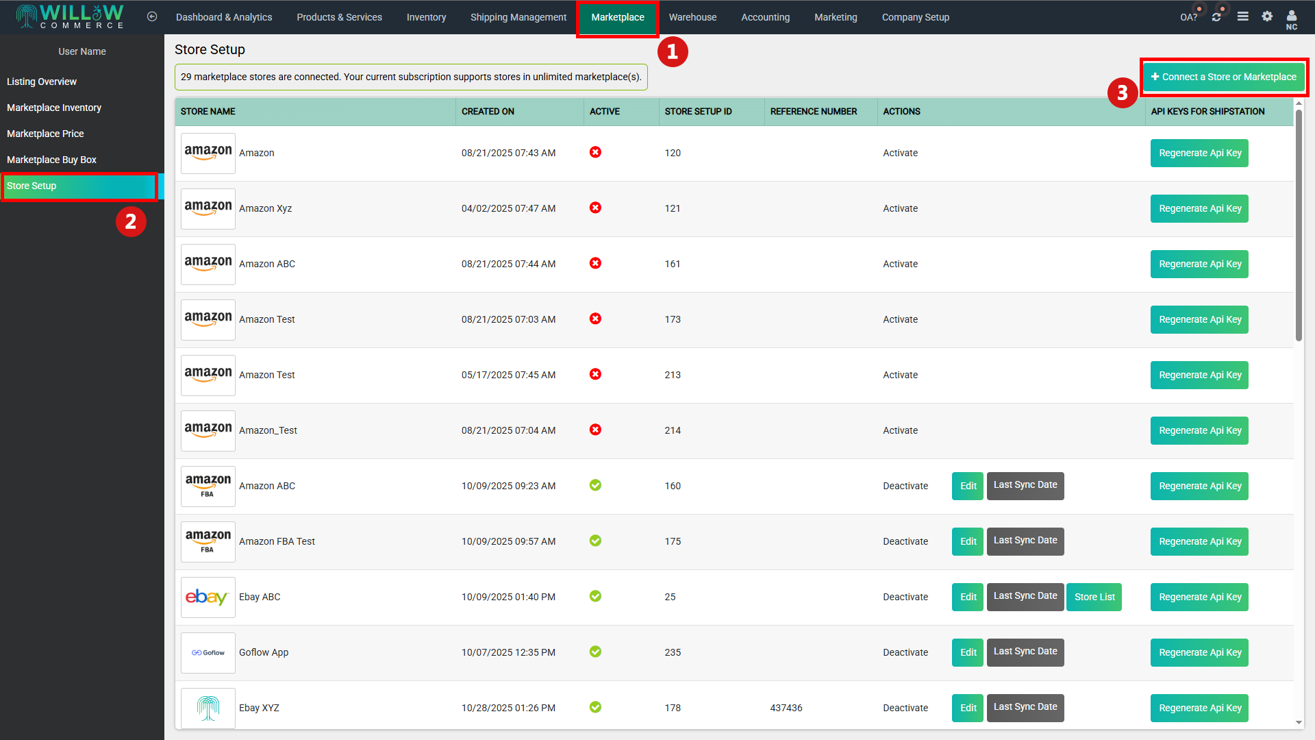 Store set up screen in WillowCommerce